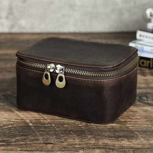 Genuine Leather Watch Travel Case with Double Metal Zippers