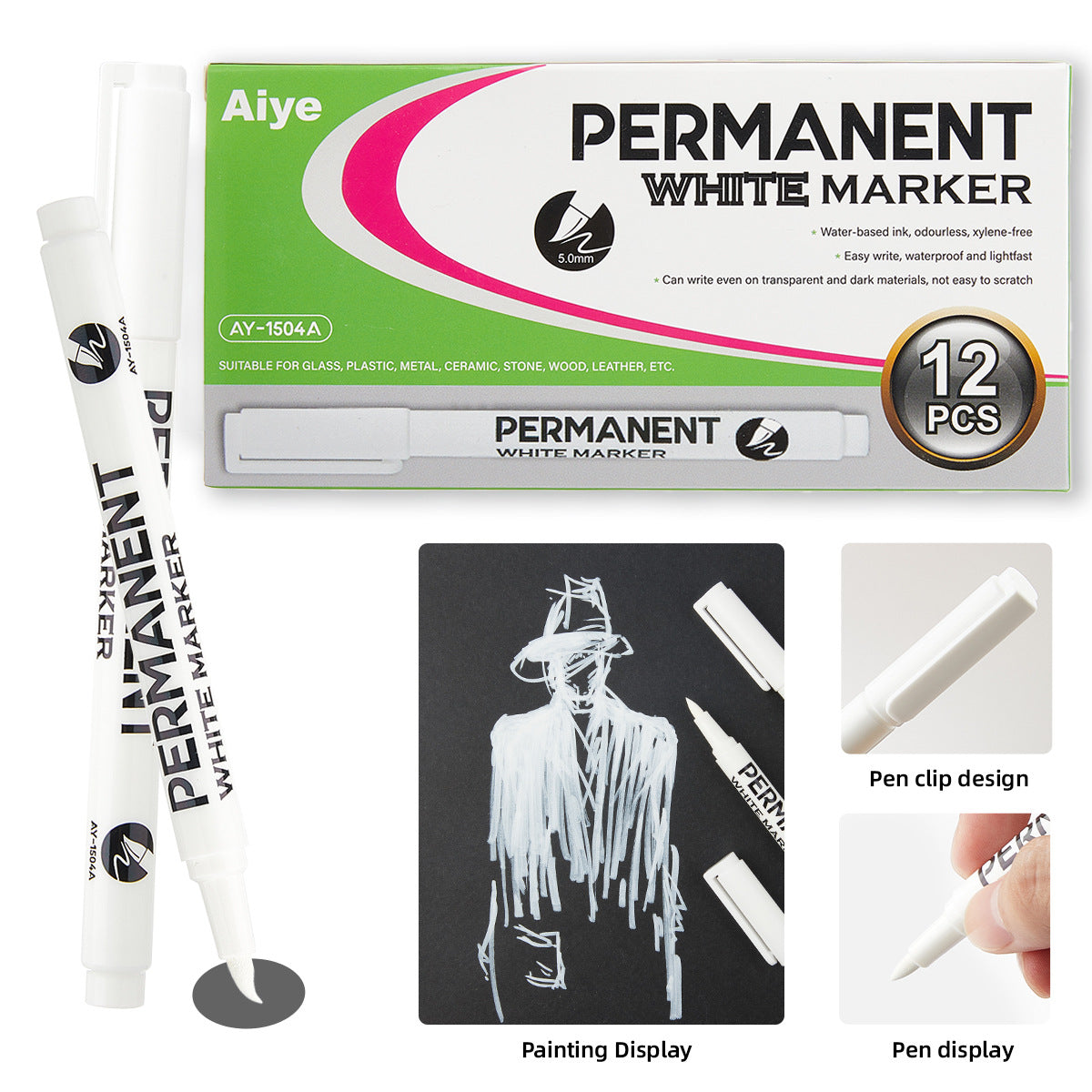 12pcs Industrial Oil-Based Permanet White Black Marker Pens