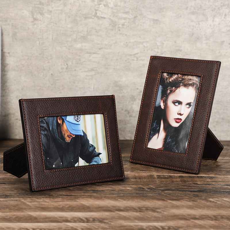4" x 6" Coffee Full Grain Leather Picture Frame with Brown Stitching