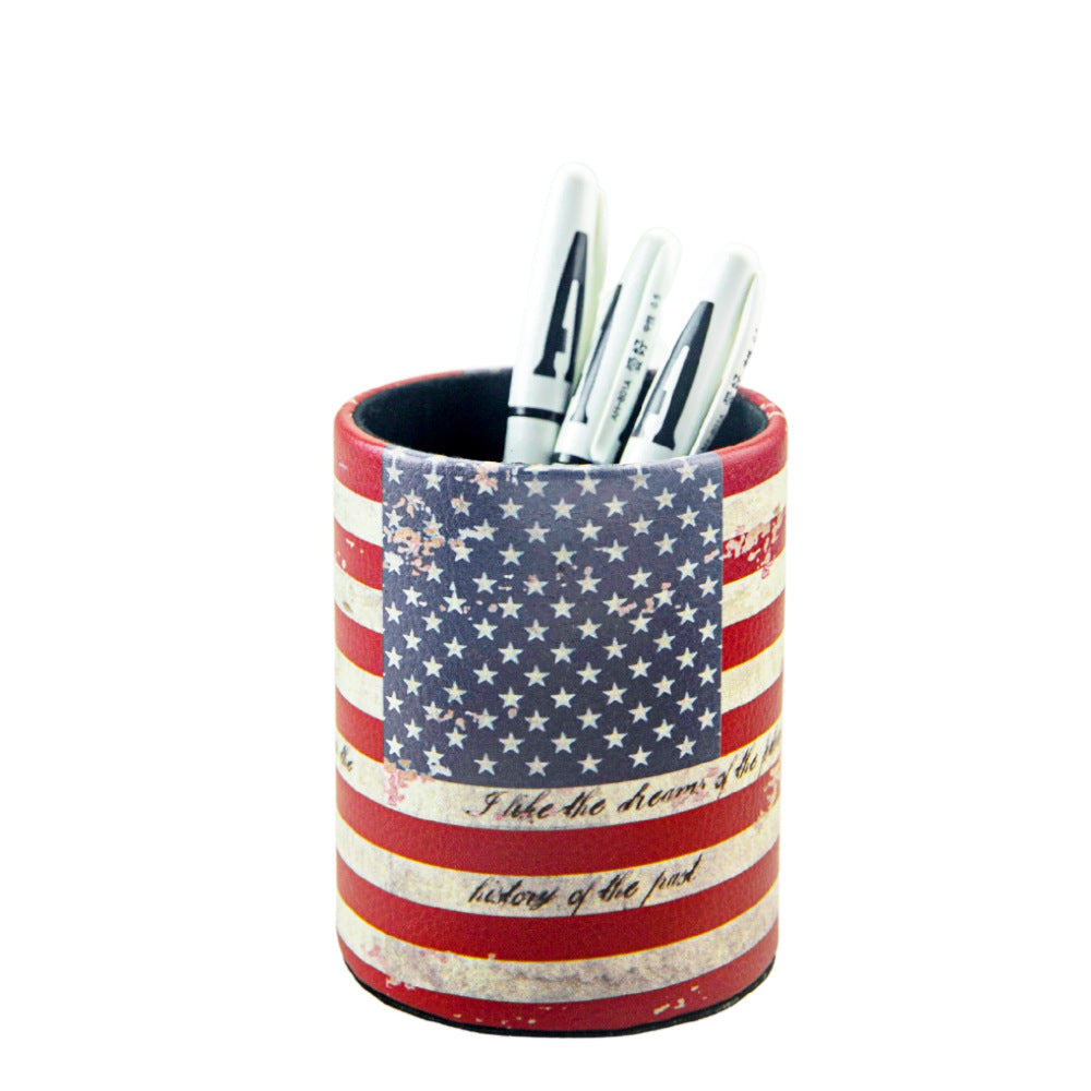 PU Leather Pen Pencil Holder Desk Organizer (3.3" x 3.3" x 4") US Flag