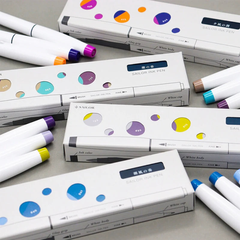 Sailor Ink Pen Kobo Brush and Fine Dual-Tip Marker 3 Color Set