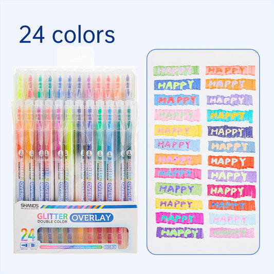 12/24 Colors Dual-Tip Glitter Overlay Highlighter Markers Set