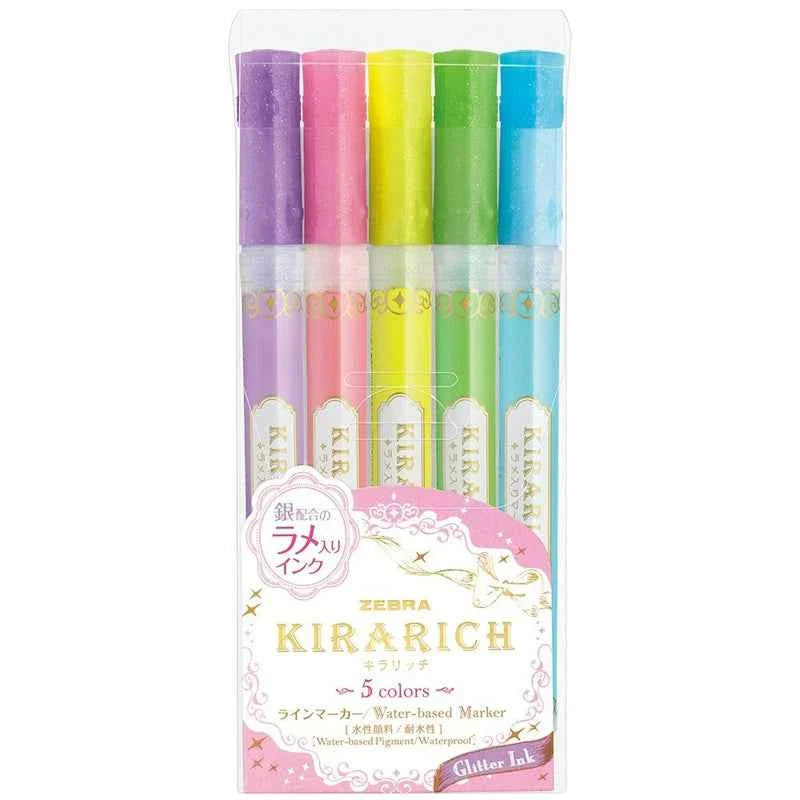 Zebra Glitter Highlighter, Kirarich, 5 Color Set