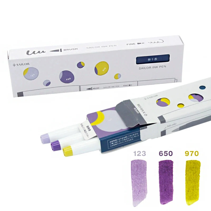 Sailor Ink Pen Kobo Brush and Fine Dual-Tip Marker 3 Color Set