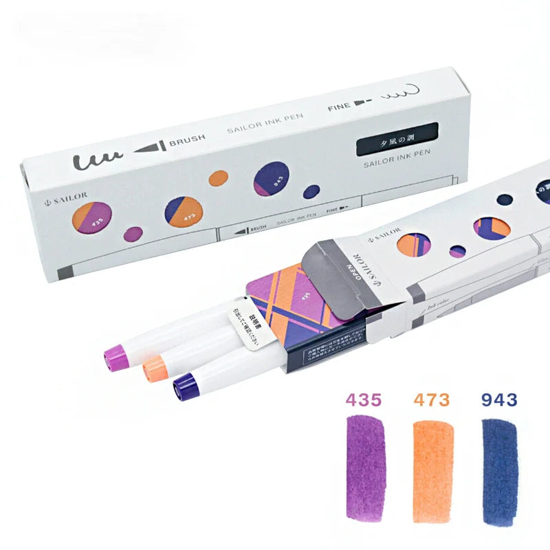 Sailor Ink Pen Kobo Brush and Fine Dual-Tip Marker 3 Color Set