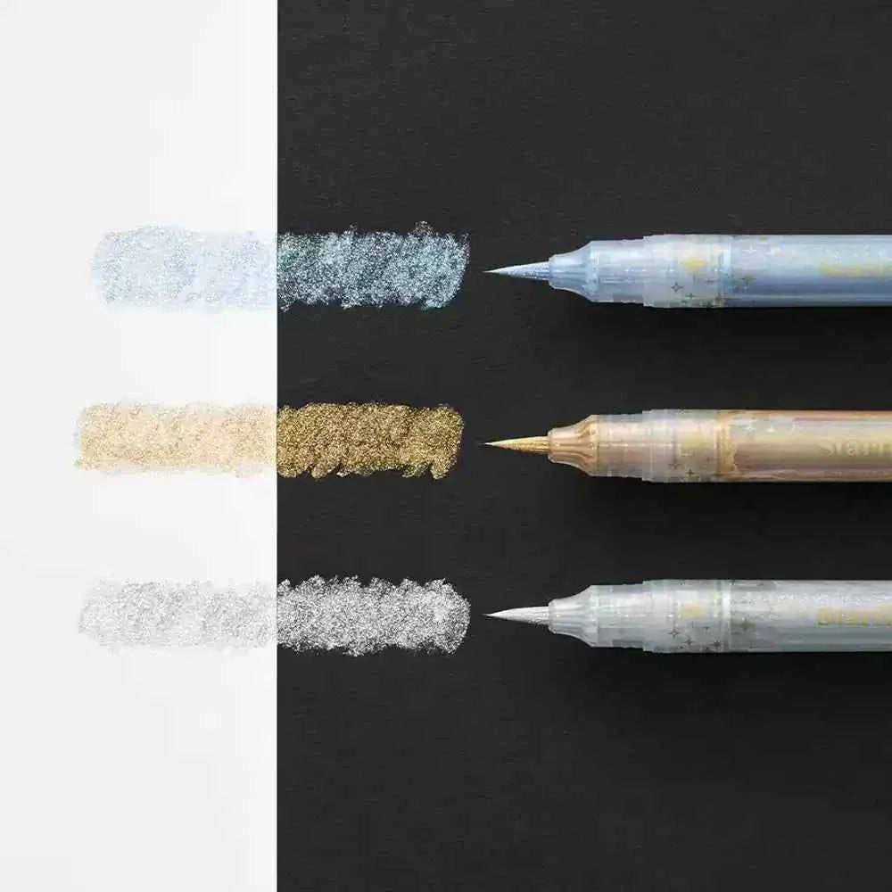 Pentel StarFlake Brush Pen Gold Silver Blue Glitter Colors