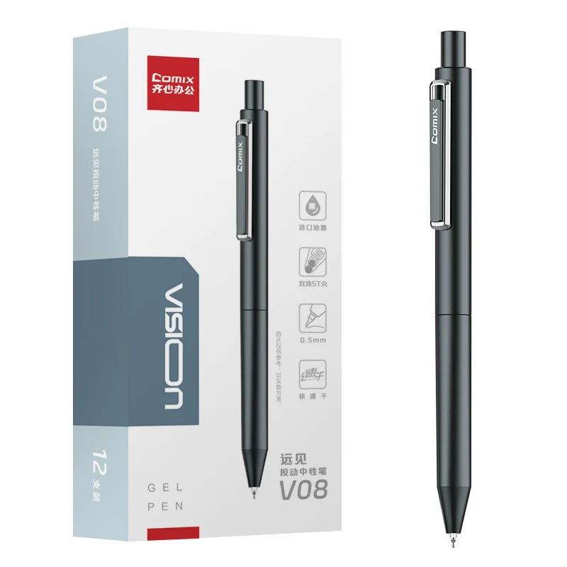 Comix Vision All-Metal Click Gel Pens 0.5/0.7mm Black Ink 12 Pack