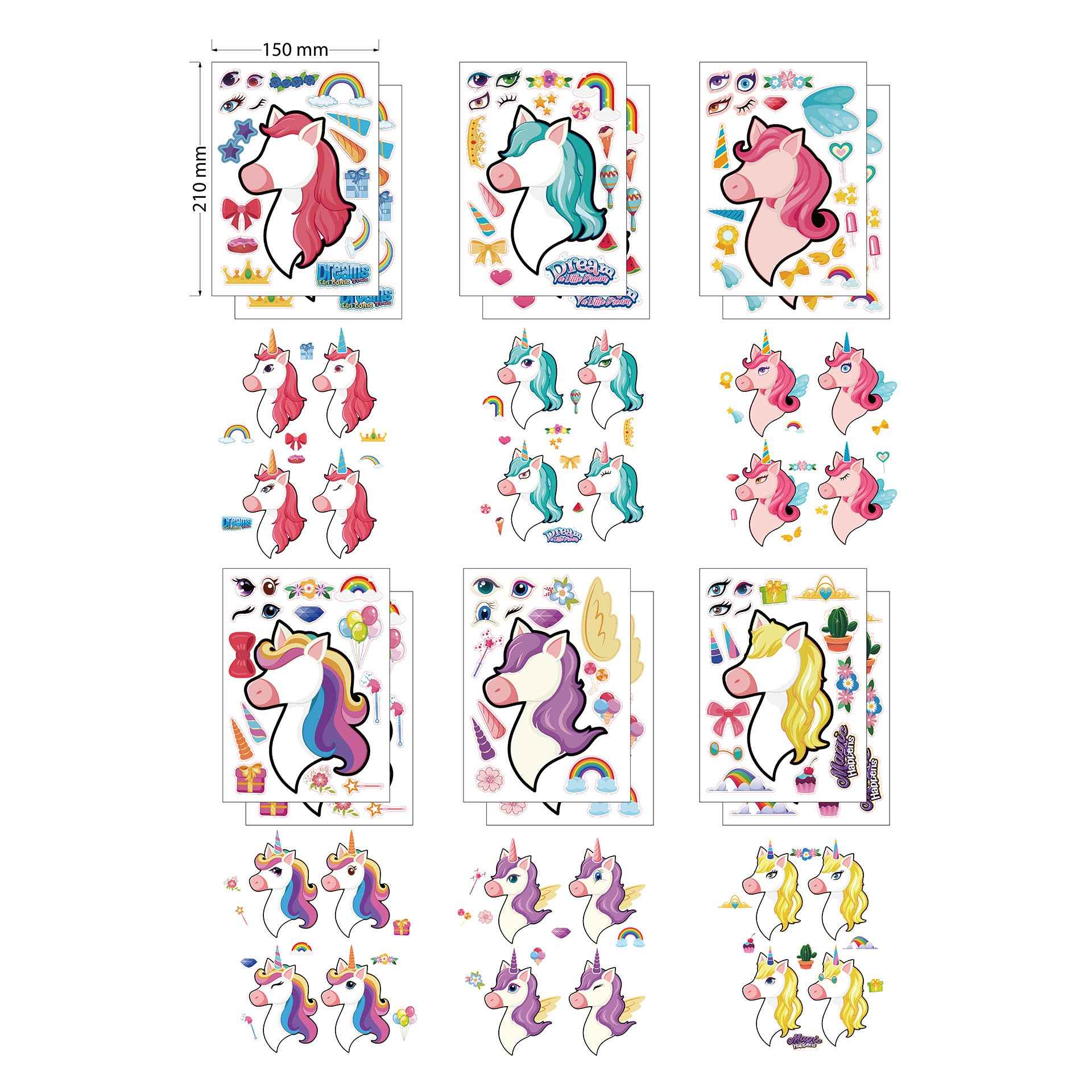 24 Sheets Make Your Own Unicorn Stickers for Girls 21 x 15 cm - TTpen