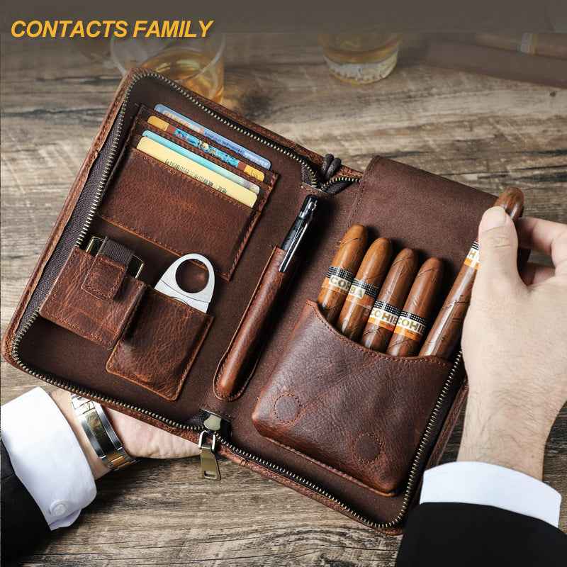 Genuine Leather Portable 5 Cigar Storage Case with Pen Holder