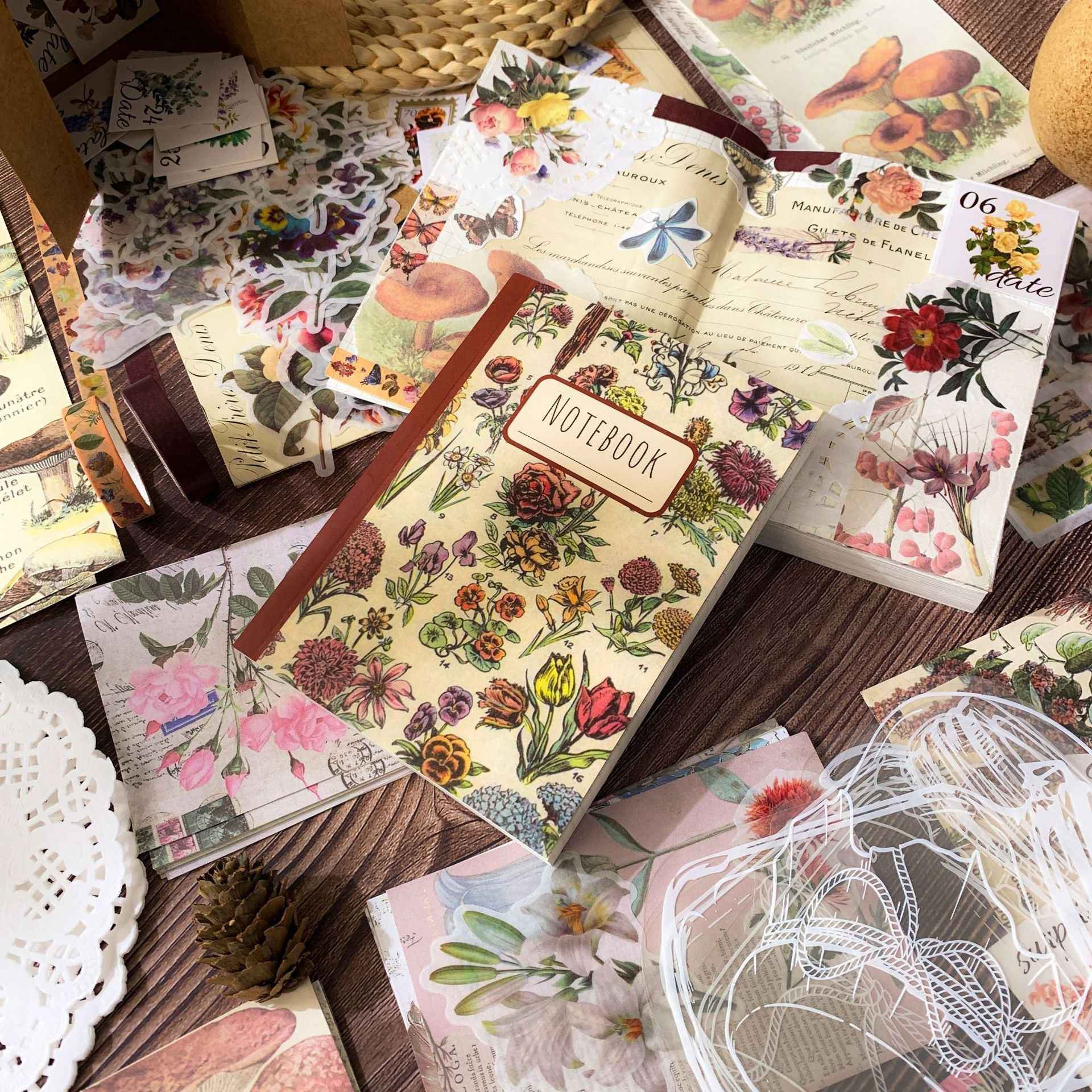 265 PCS Vintage Flower Scrapbook Kit with A6 Notebook - TTpen