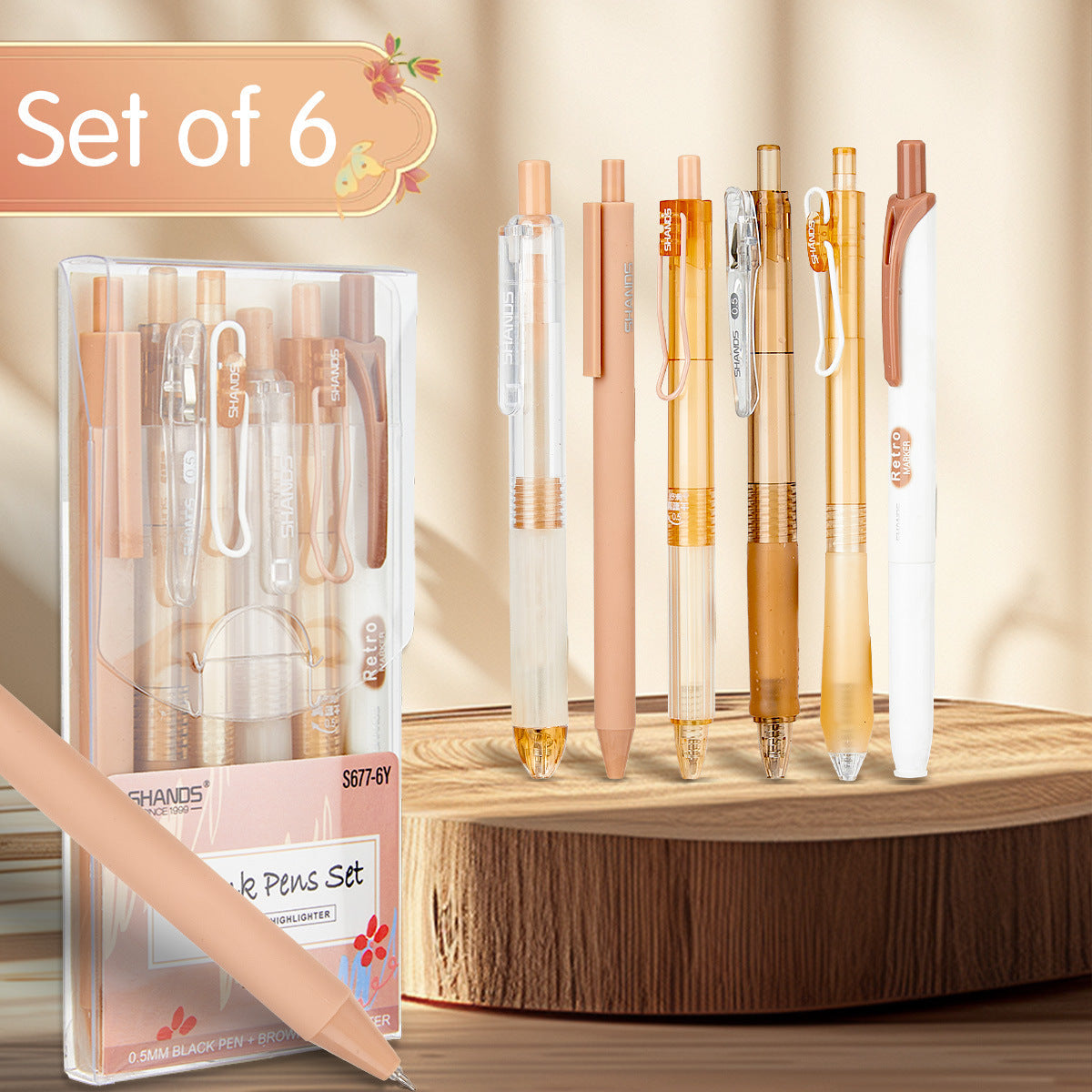 12-Pack (Peach & Coffee ) 0.5mm Black Gel Pens with Highlighters