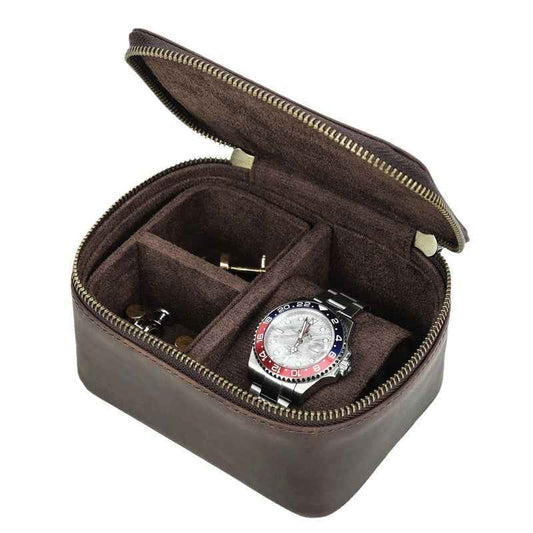 Genuine Leather Watch Travel Case with Double Metal Zippers
