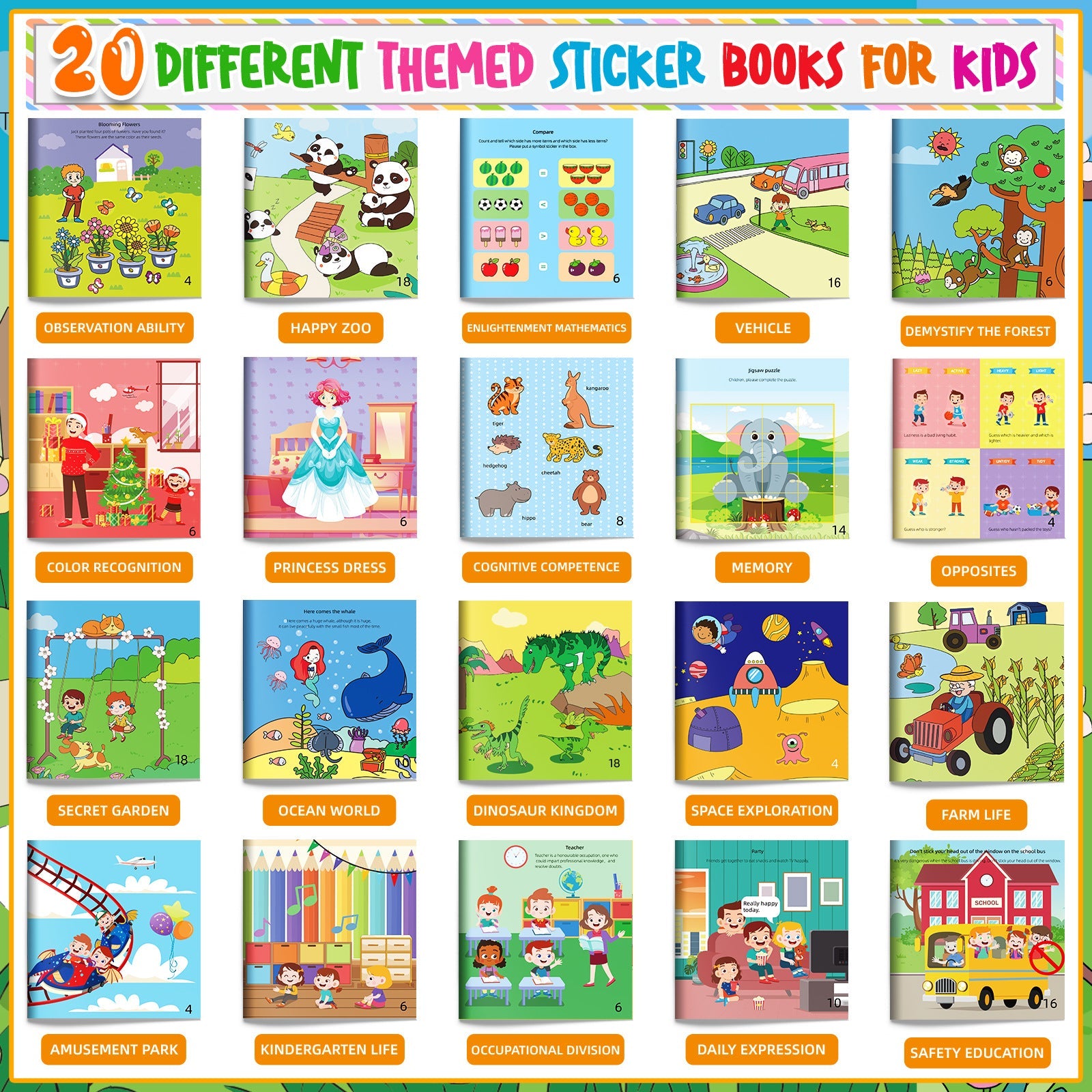 Concertration Training Sticker Books for Kids 2-6 Years 20 Pack