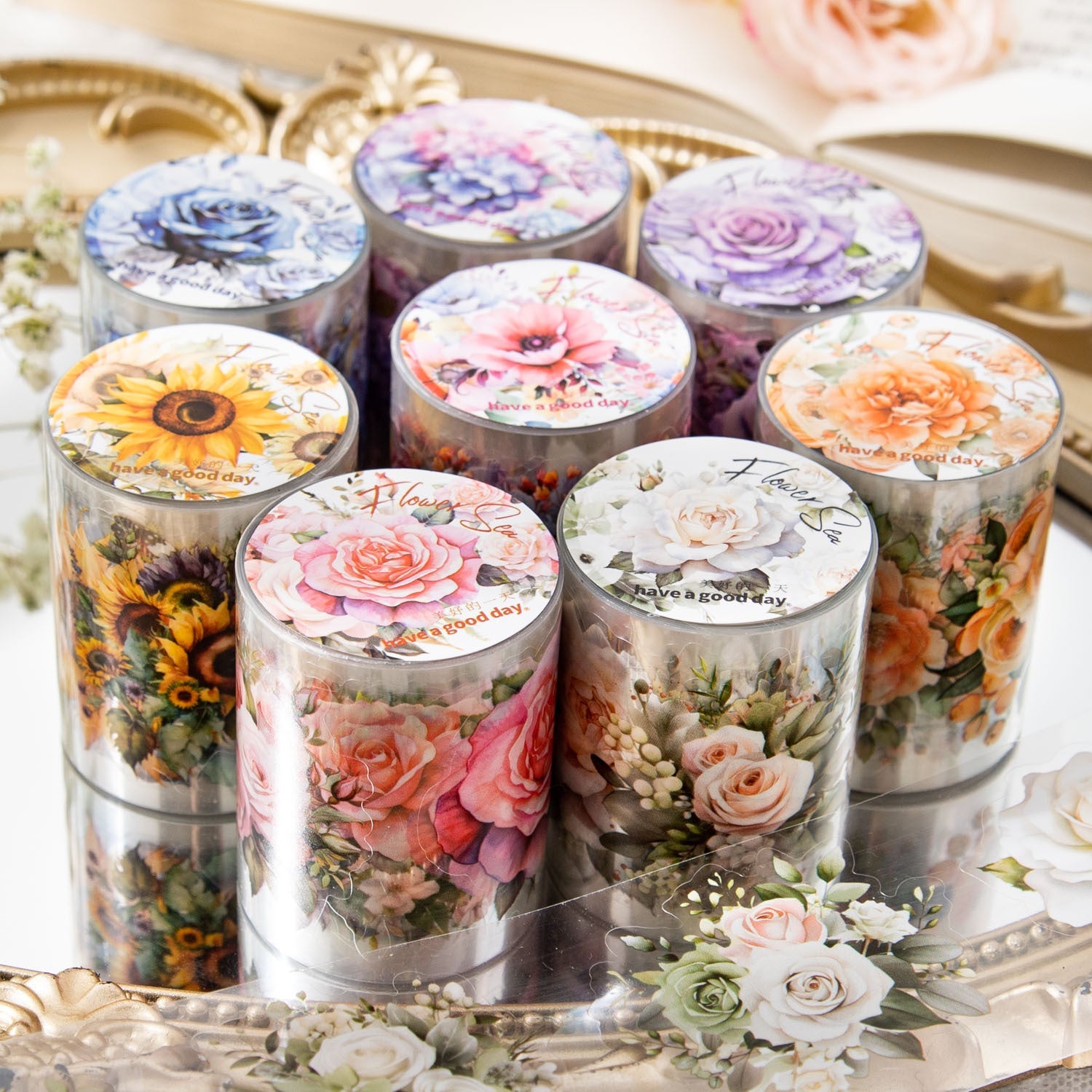 8PCS Sunflower & Rose Floral PET Washi Tape Set  for Journaling DIY