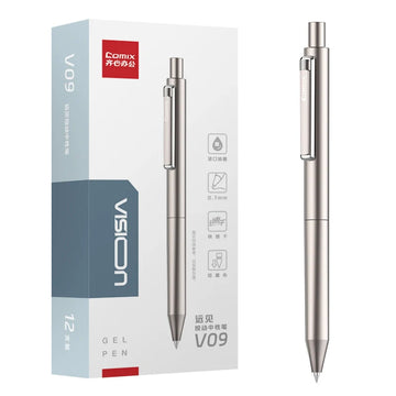 Comix Vision All-Metal Click Gel Pens 0.5/0.7mm Black Ink 12 Pack