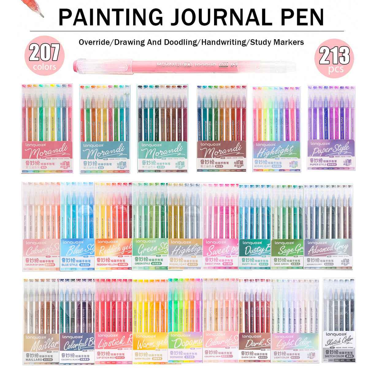 Languo Glitter Gel Pens 207 Color for Adult Coloring Journaling Drawing