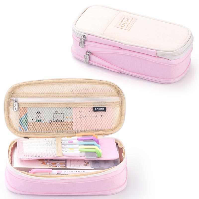 ANGOO Pencil Case Large Capacity Portable Multifunction Pen Bag Pink
