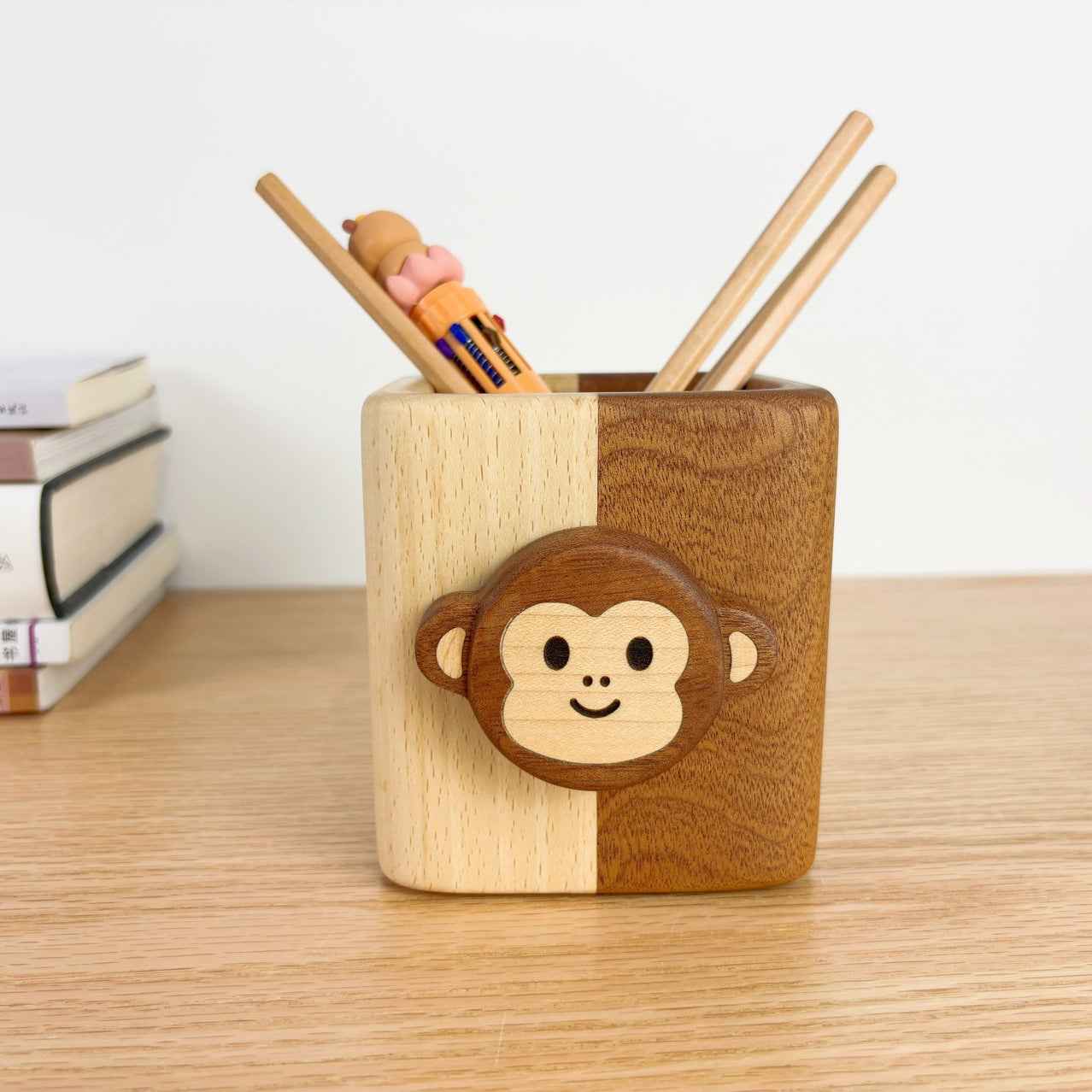 Cute Wood Desktop Pen Pencil Holder Monkey and Sheep