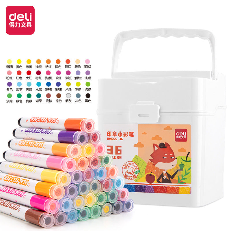 DELI Washable Drawing Stamp Art Markers with Storage Box for Kids 36 Color
