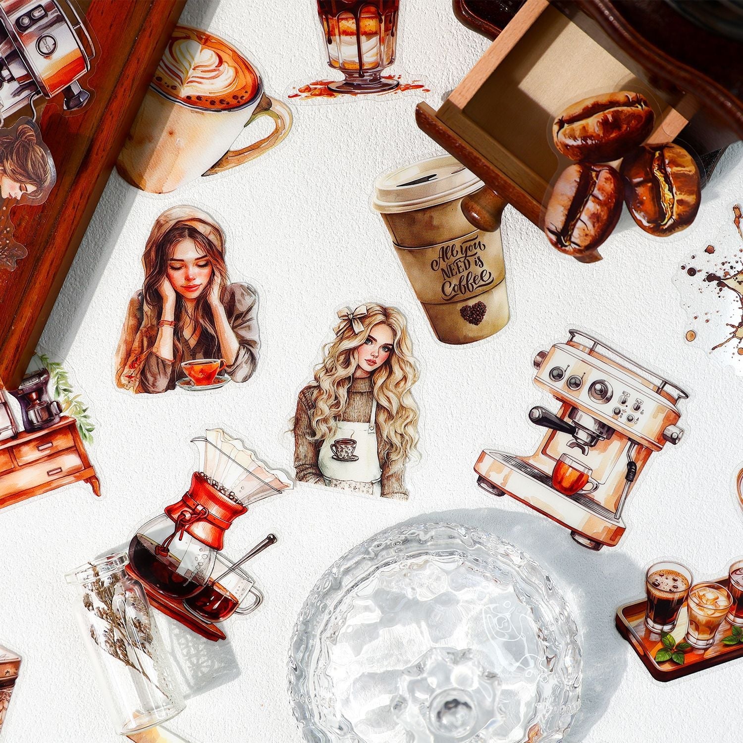 Coffee Lovers PET Sticker Set 120 Adhesive Decals for Journals Planners