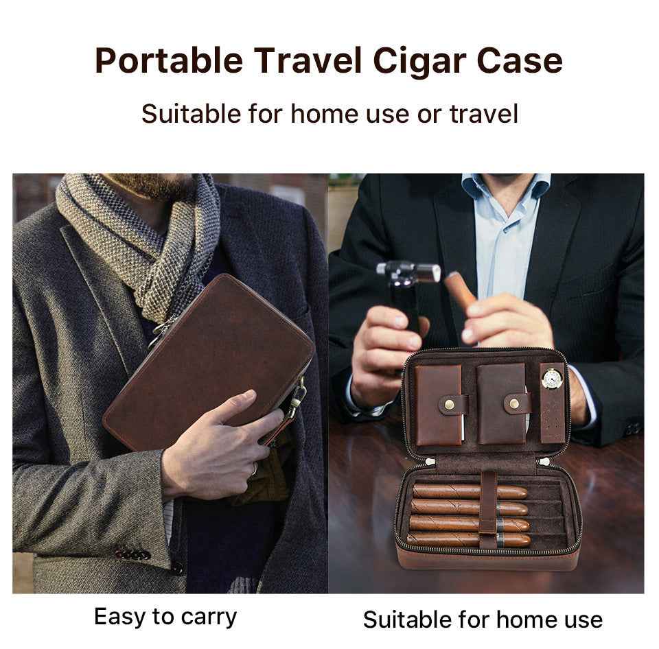 4-Stick Genuine Leather Portable Cigar Case with Hygrometer
