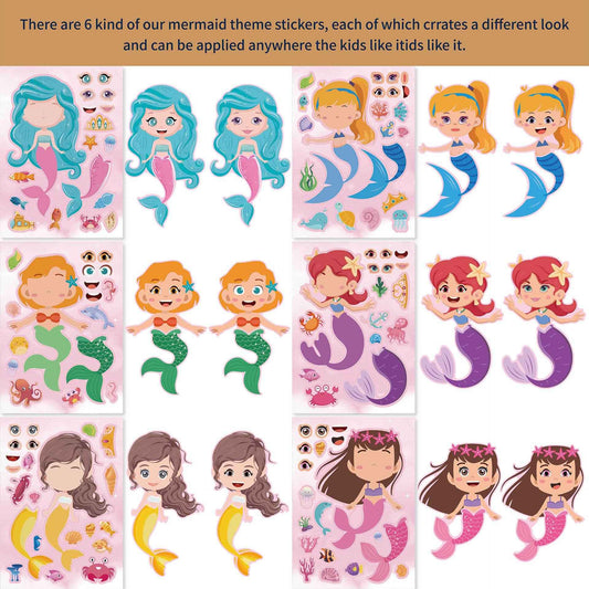 24 Sheets Mermaid Make a Face Sticker Sheets for Kids Girls - TTpen