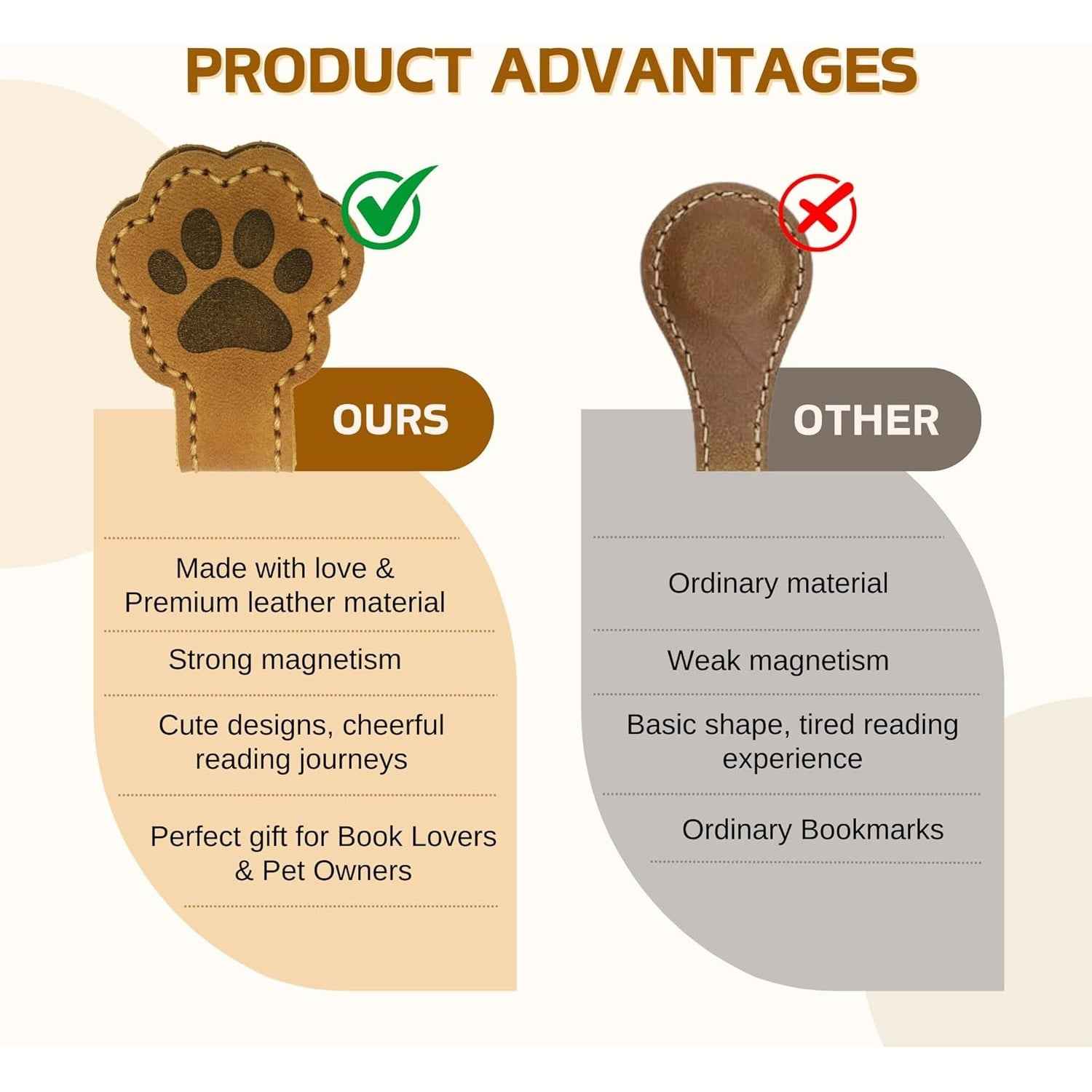 3PCS Paw Shaped Magnetic Leather Bookmarks for Pet Lovers