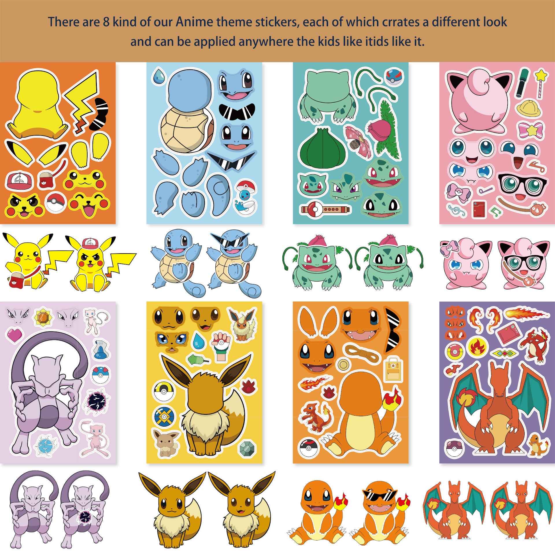 32 Sheets Cartoon Pokemon Make a Face DIY Stickers for Kids - TTpen