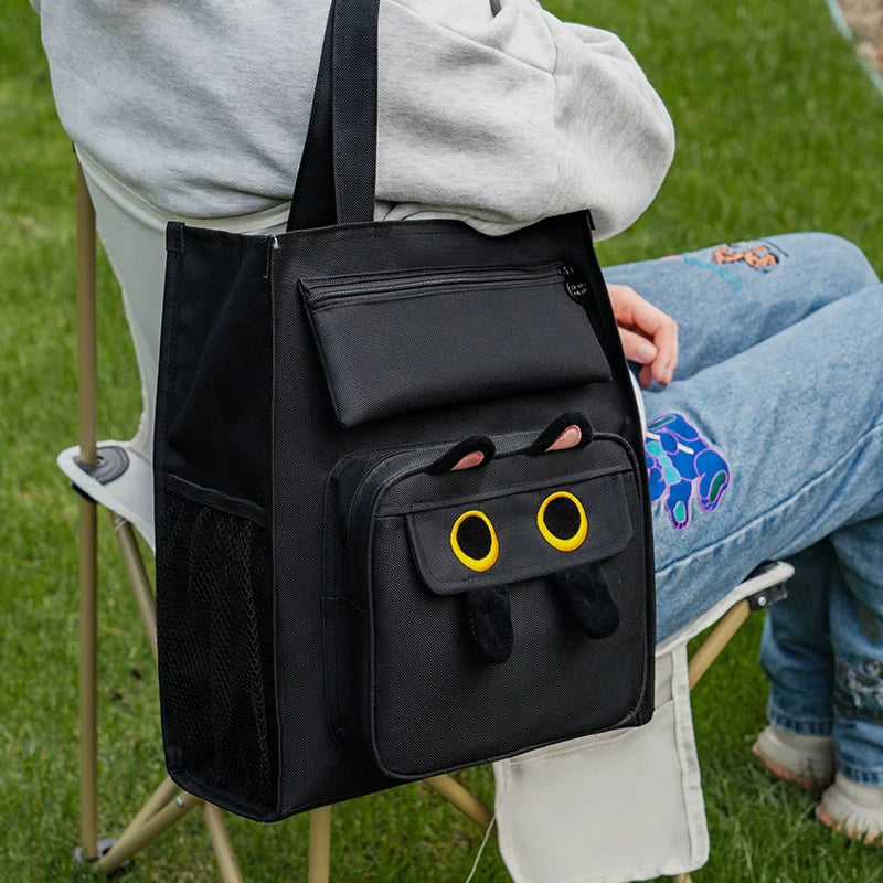 HongDian Embroidered Cat Study Bag Large Capacity Canvas Art Bag for Students