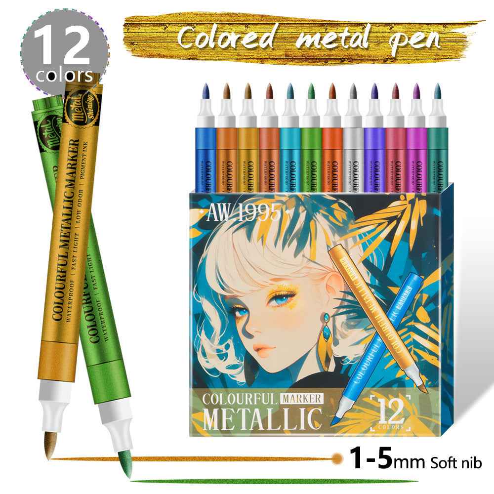 12 Colors Metallic Soft Brush Acrylic Paint Markers