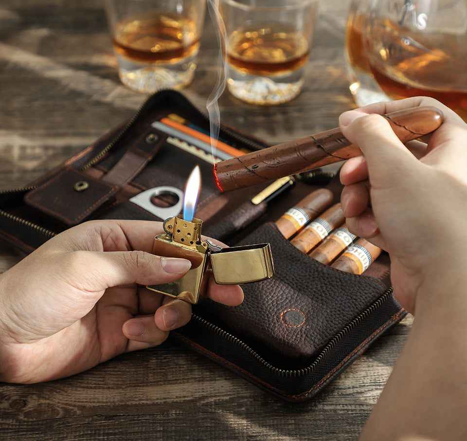 Genuine Leather Portable 5 Cigar Storage Case with Pen Holder