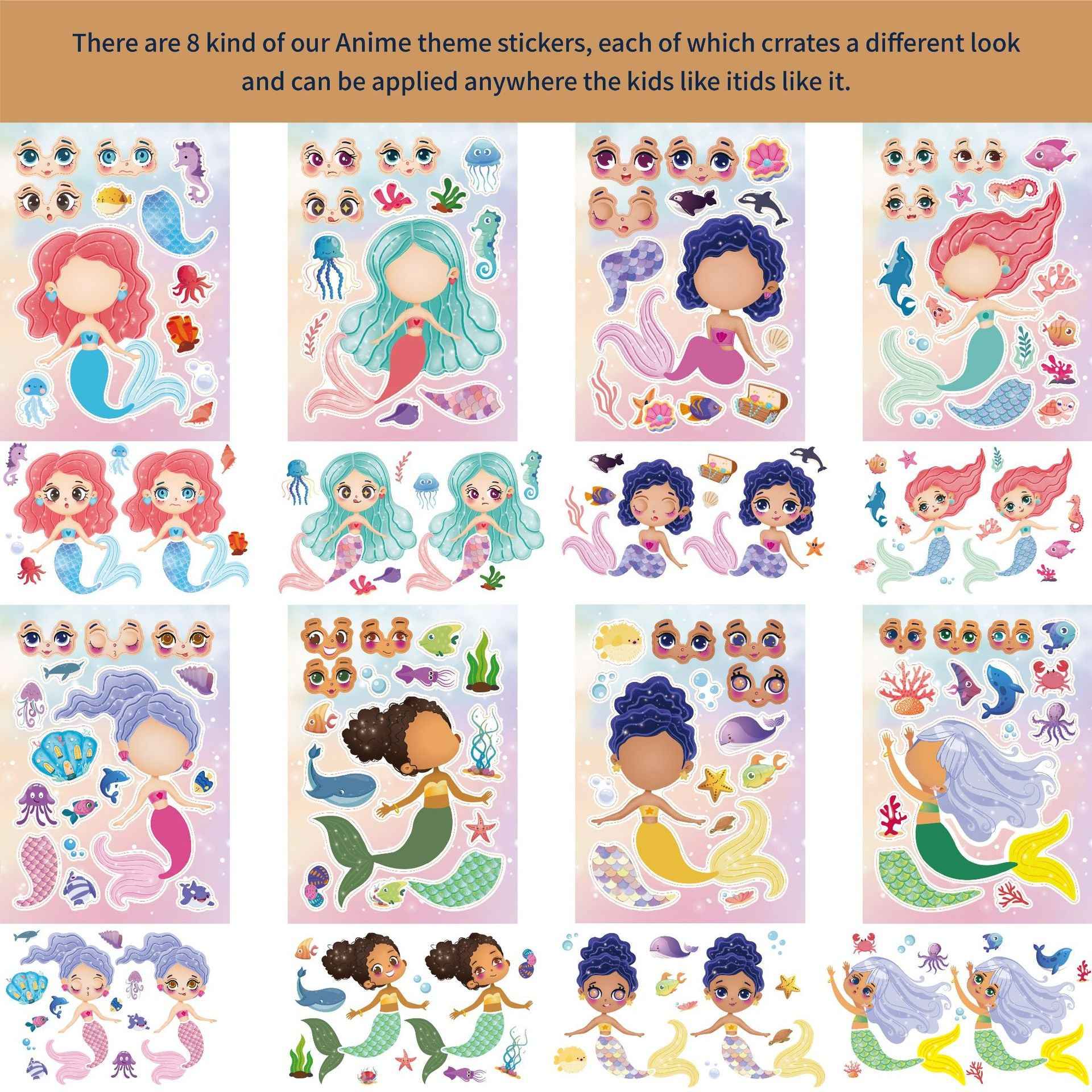 32pcs Mermaid Make a Face Sticker Sheets for Kids Girls - TTpen