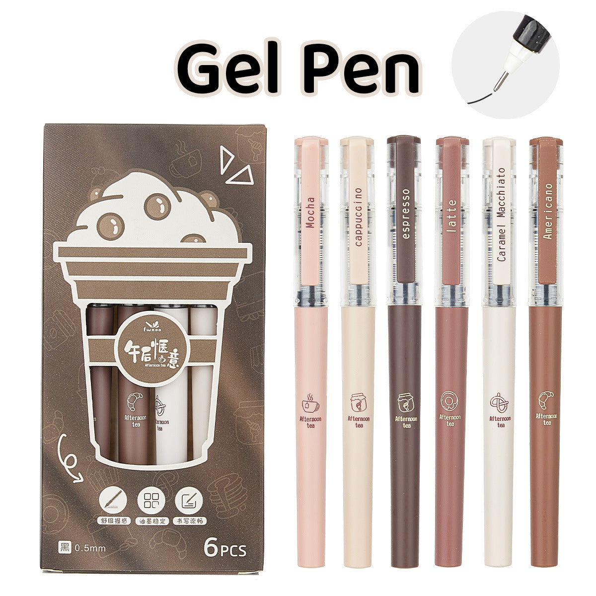 6-Pack Afternoon Tea Series Rollerball Pens 0.5mm Black Ink