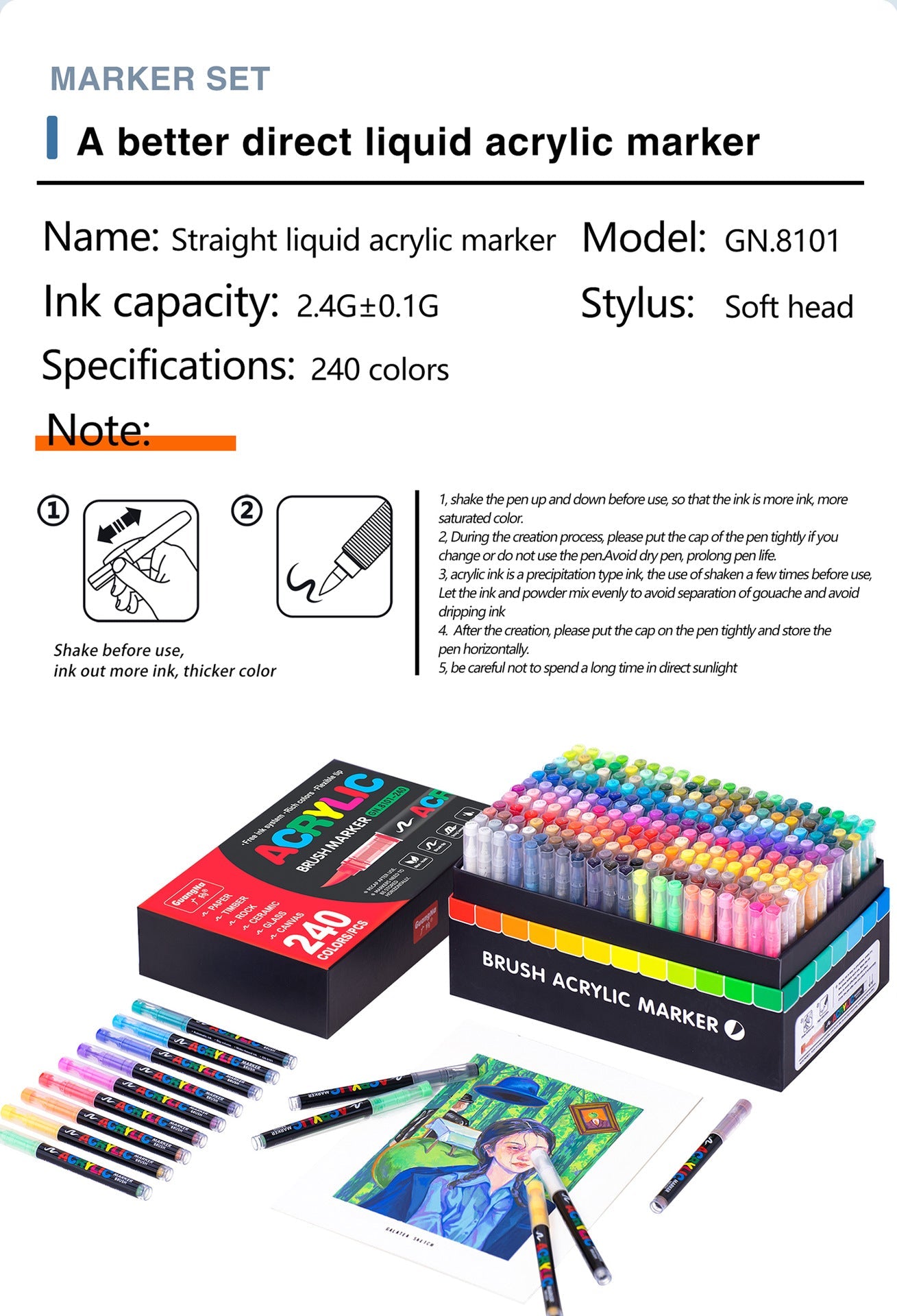 GuangNa GN8101 Soft Brush Acrylic Marker Set - 240 Colors