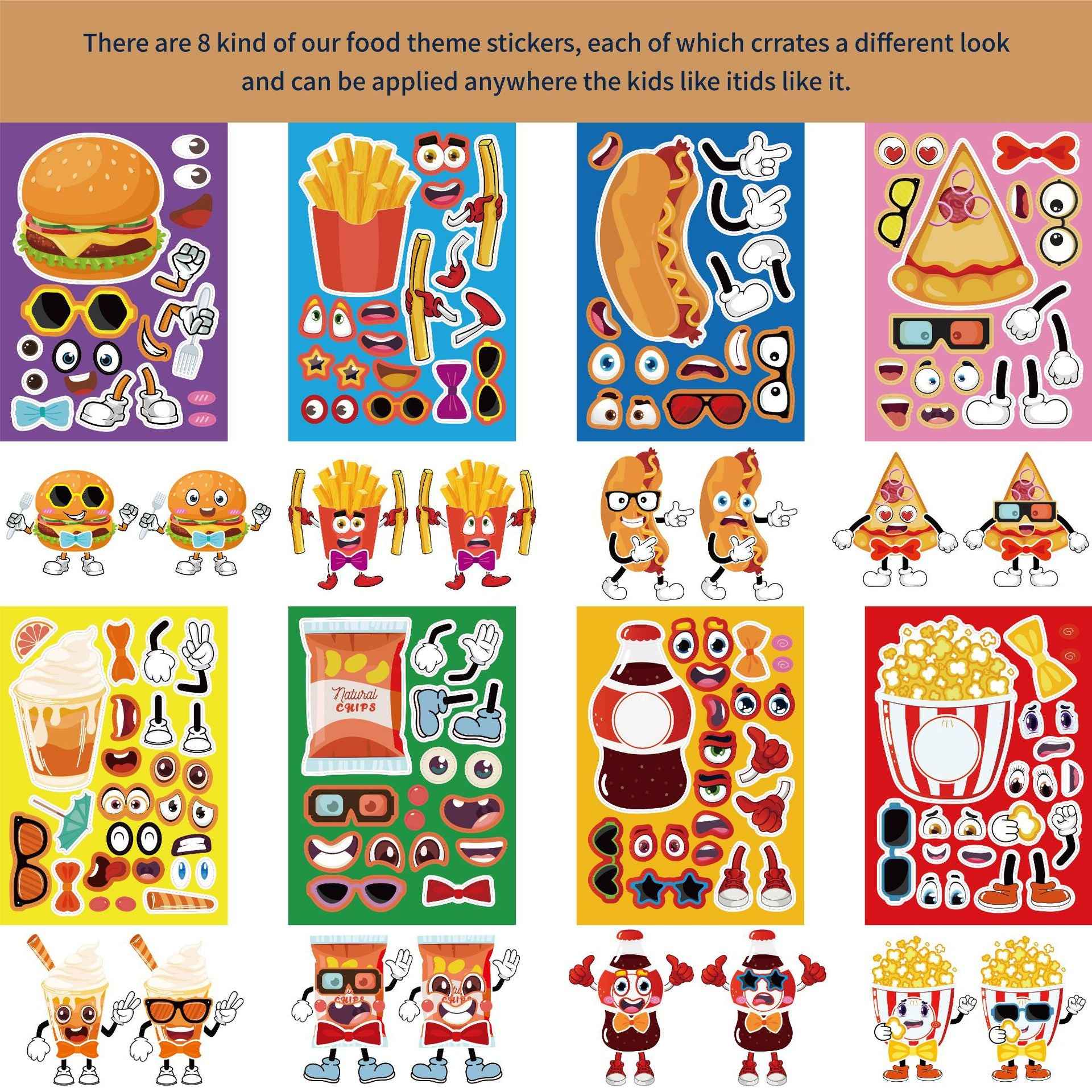 32 Sheets Food Theme Make Your Own Stickers for Kids Birthday Party - TTpen