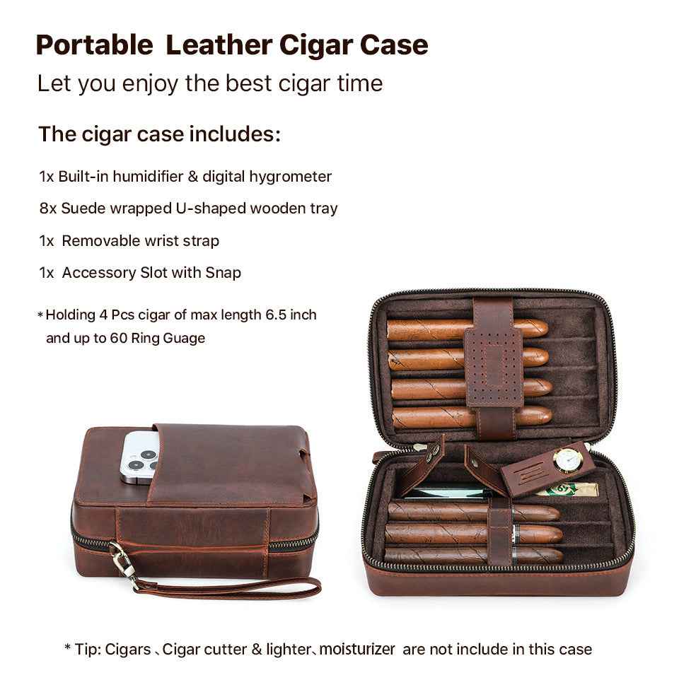 7-Stick Genuine Leather Portable Cigar Case with Hygrometer