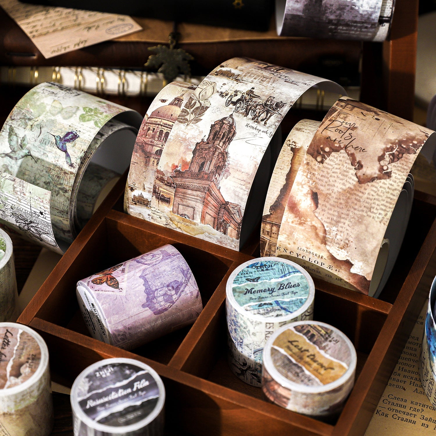 6 Vintage Rustic Letterpress Kraft Paper Tape 50mm x 2m