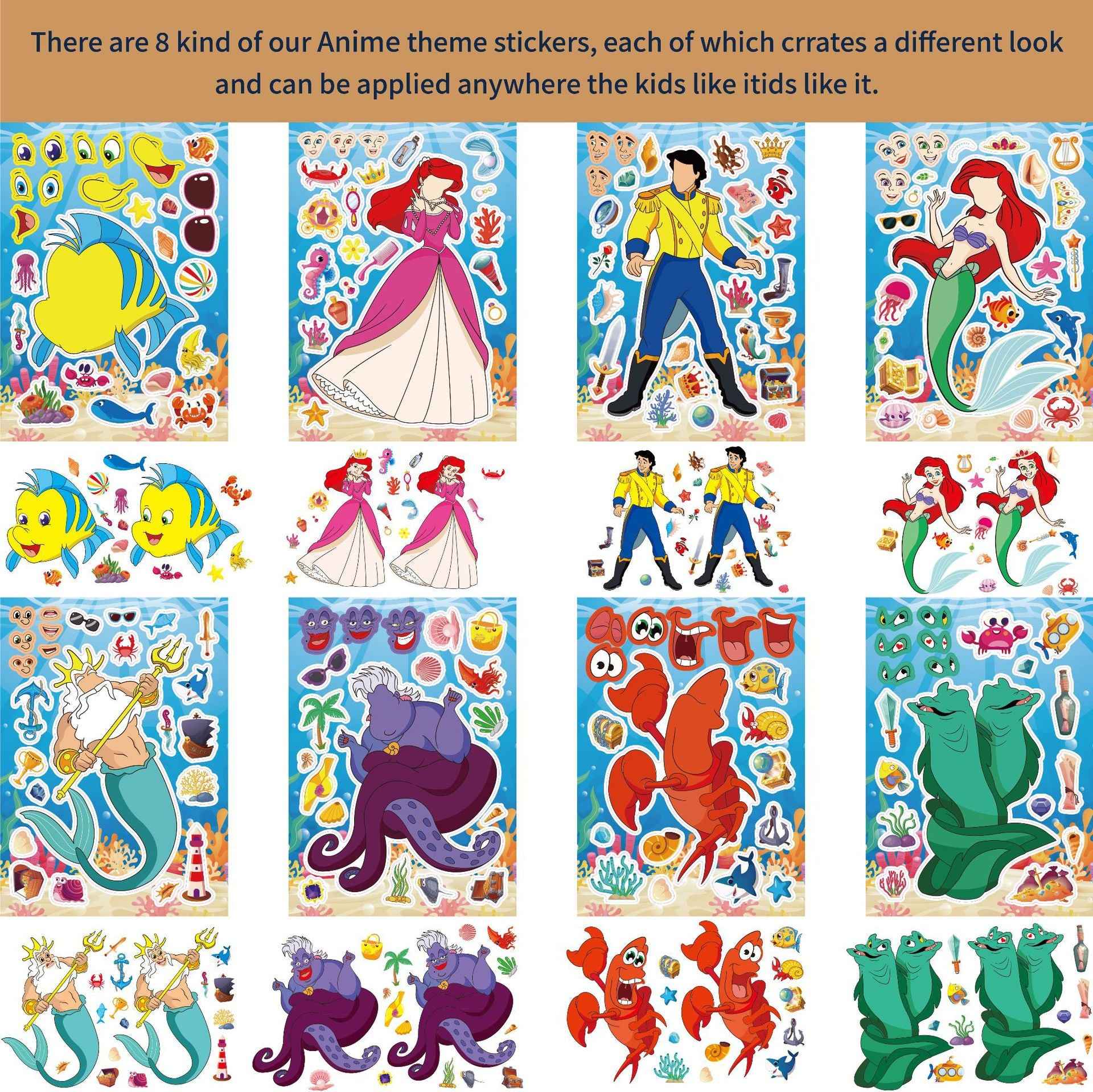 32Pcs Cartoon Mermaid Make a Face Stickers for Kids Girls - TTpen