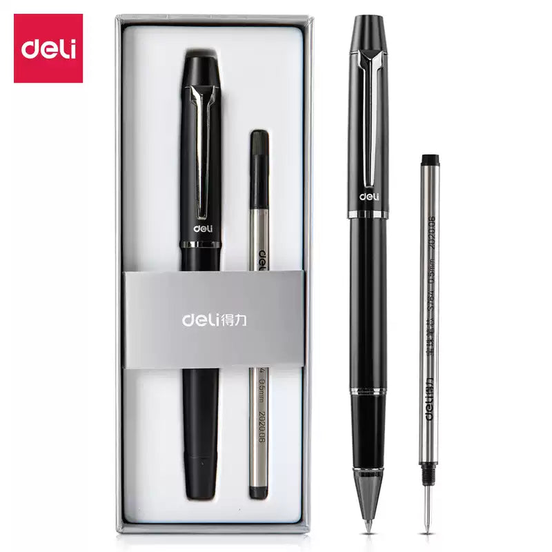 DELI S153 Rollerball Pen - 0.5mm Black Ink with Black/White Metal - TTpen