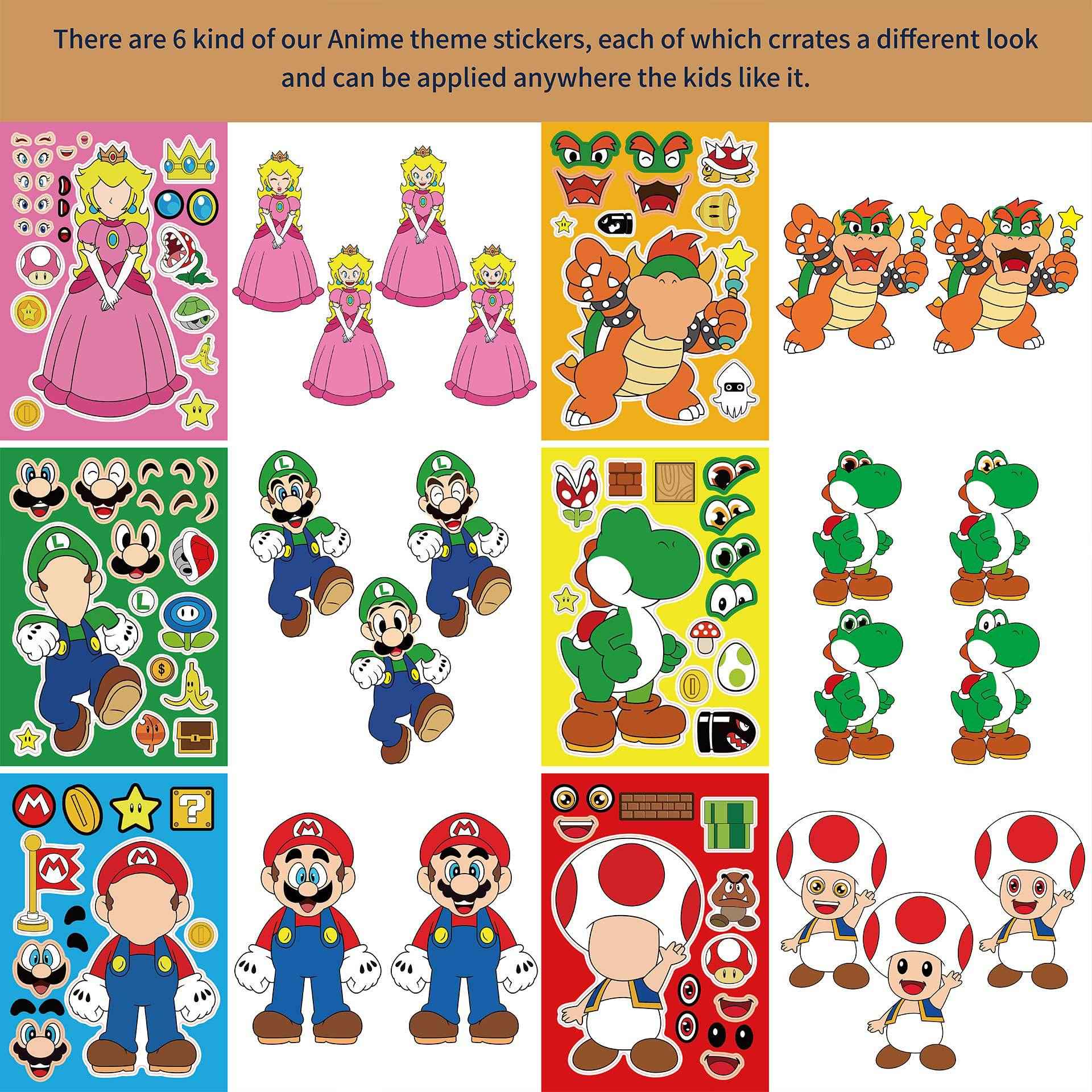 24 Sheets Super Mario Bros Make a Face DIY Stickers for Kids - TTpen