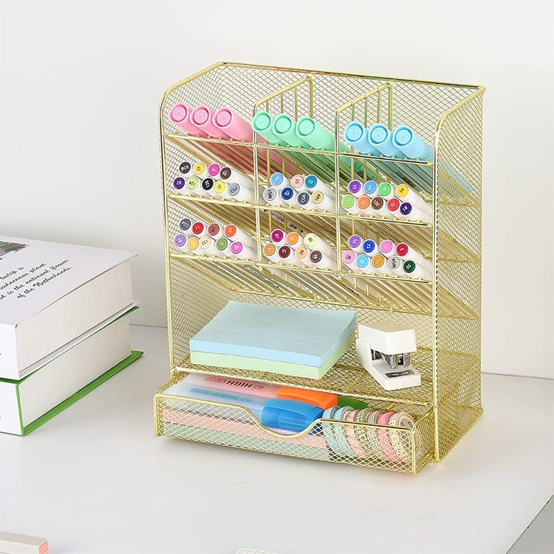 Metal Pen Holder Desk Organizer with 10 Compartments and 1 Drawer Gold