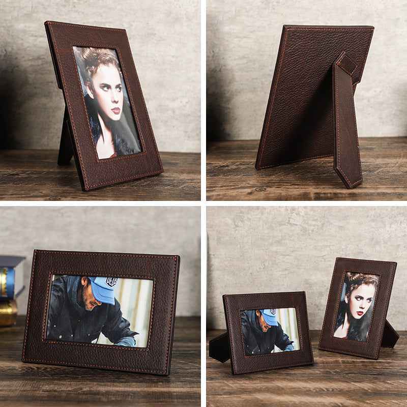 4" x 6" Coffee Full Grain Leather Picture Frame with Brown Stitching