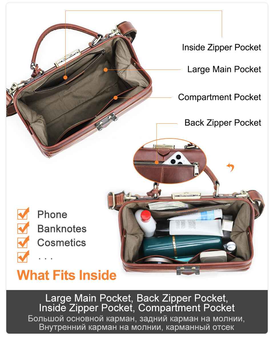 Women Luxury Leather Handbag with Lock Shoulder Doctor Bag Purse