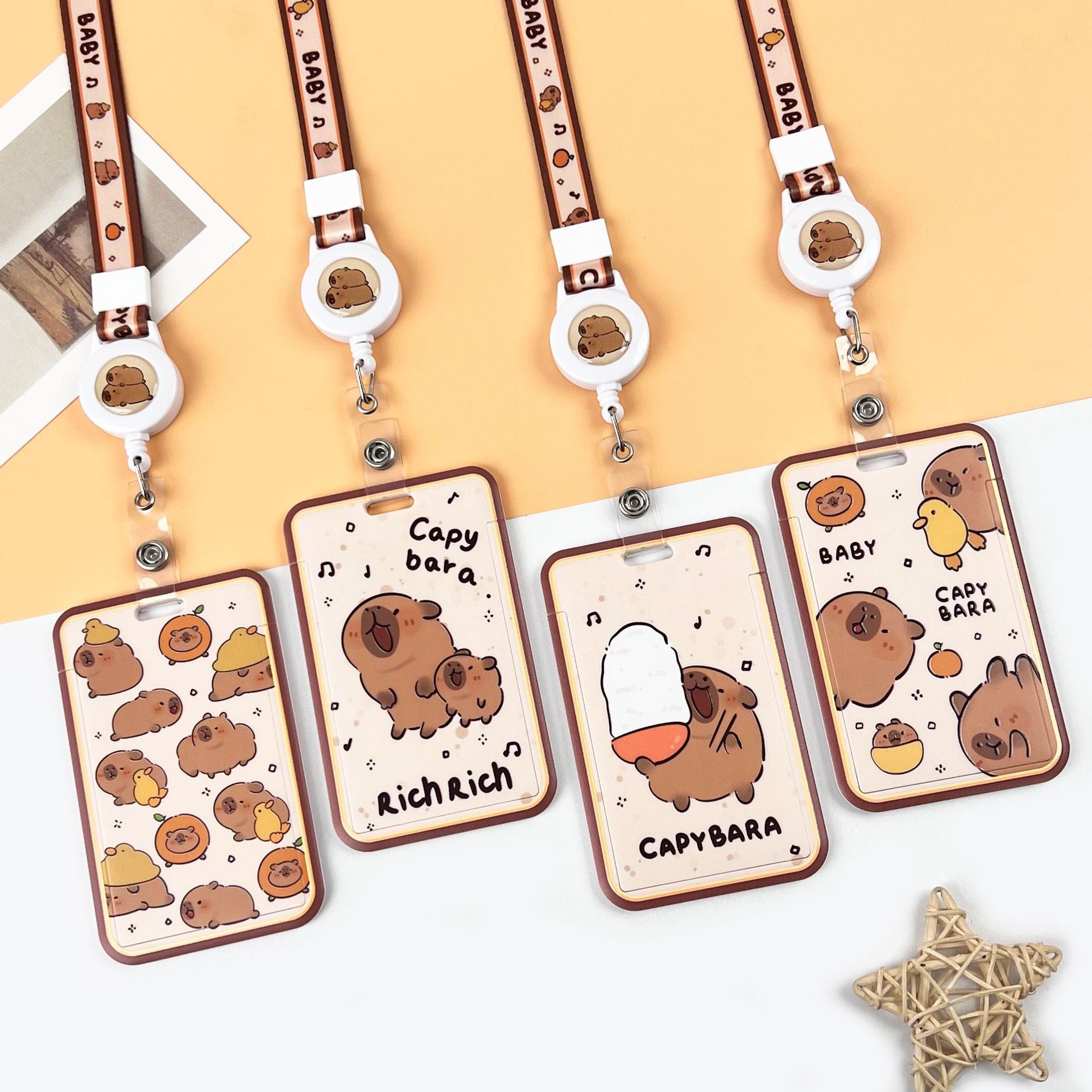 Capybara ID Card Badges Holder Set with Retractable Lanyard (4-Pack)