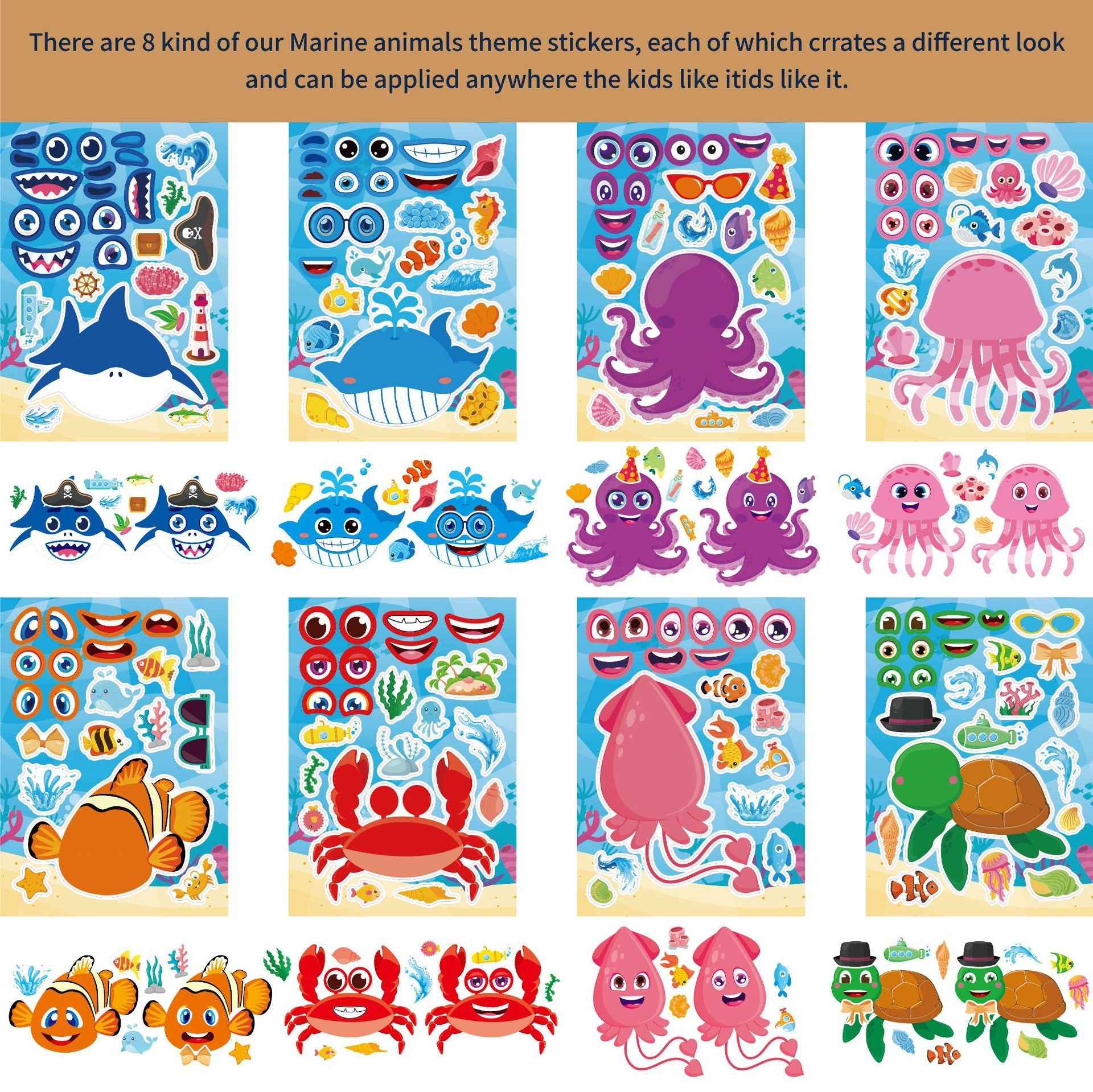 32 Sheets Cartoon Ocean Animals Make Your Own Stickers for Kids - TTpen