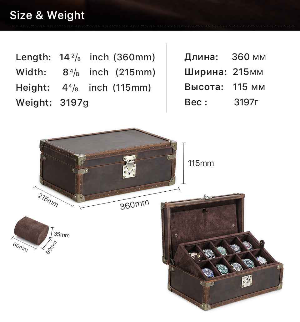 Luxury Handcrafted Genuine Leather Wooden 10-Piece Watch Box
