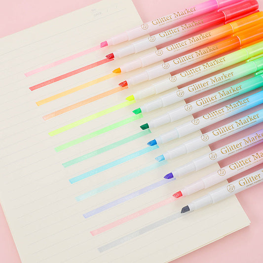 Glitter Marker Highlighters,12 Pastel Colors,School Supplies,Round/Chisel Tip