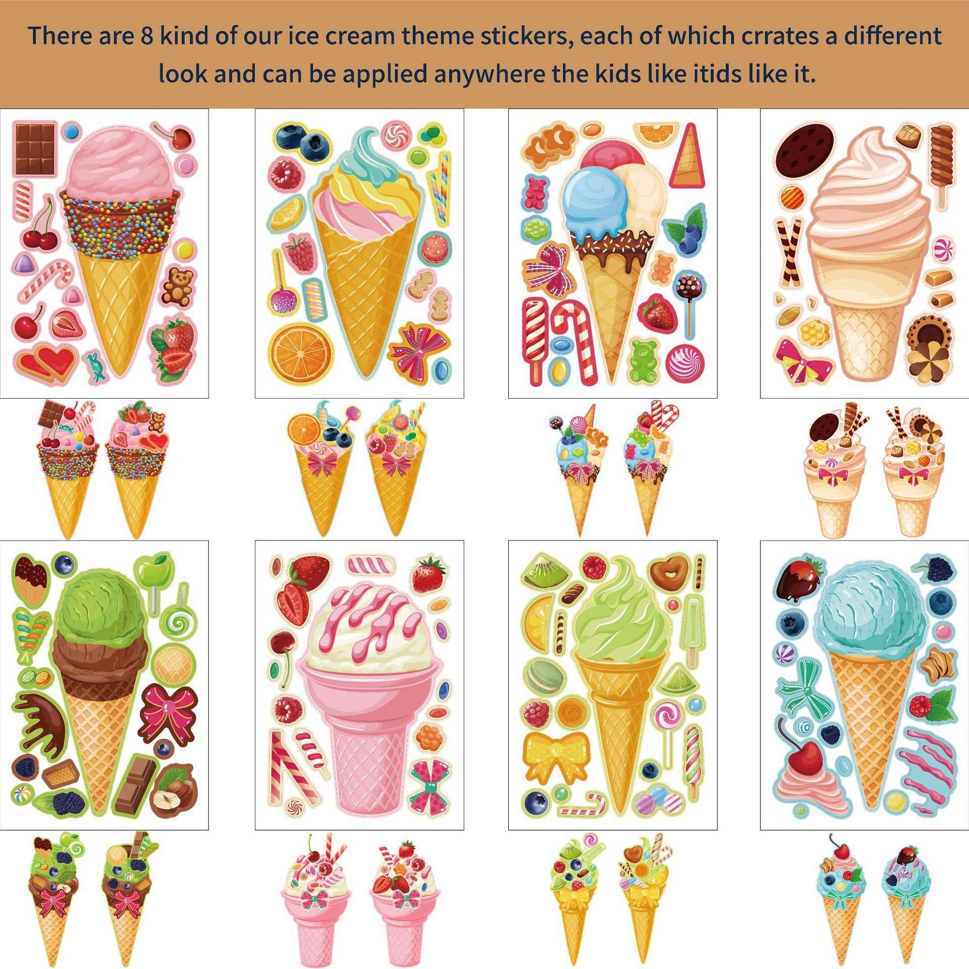32 Sheets Cartoon Ice Cream Summer Face DIY Stickers for Kids - TTpen