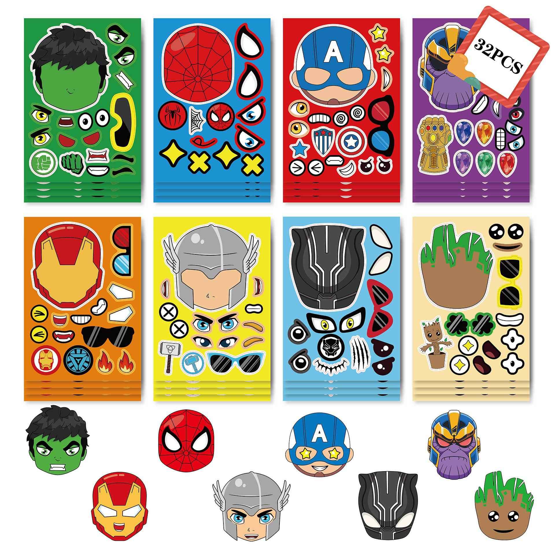 32 Sheets Cartoon Marvel Make a Face DIY Stickers for Kids - TTpen