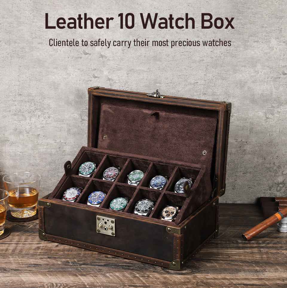 Luxury Handcrafted Genuine Leather Wooden 10-Piece Watch Box